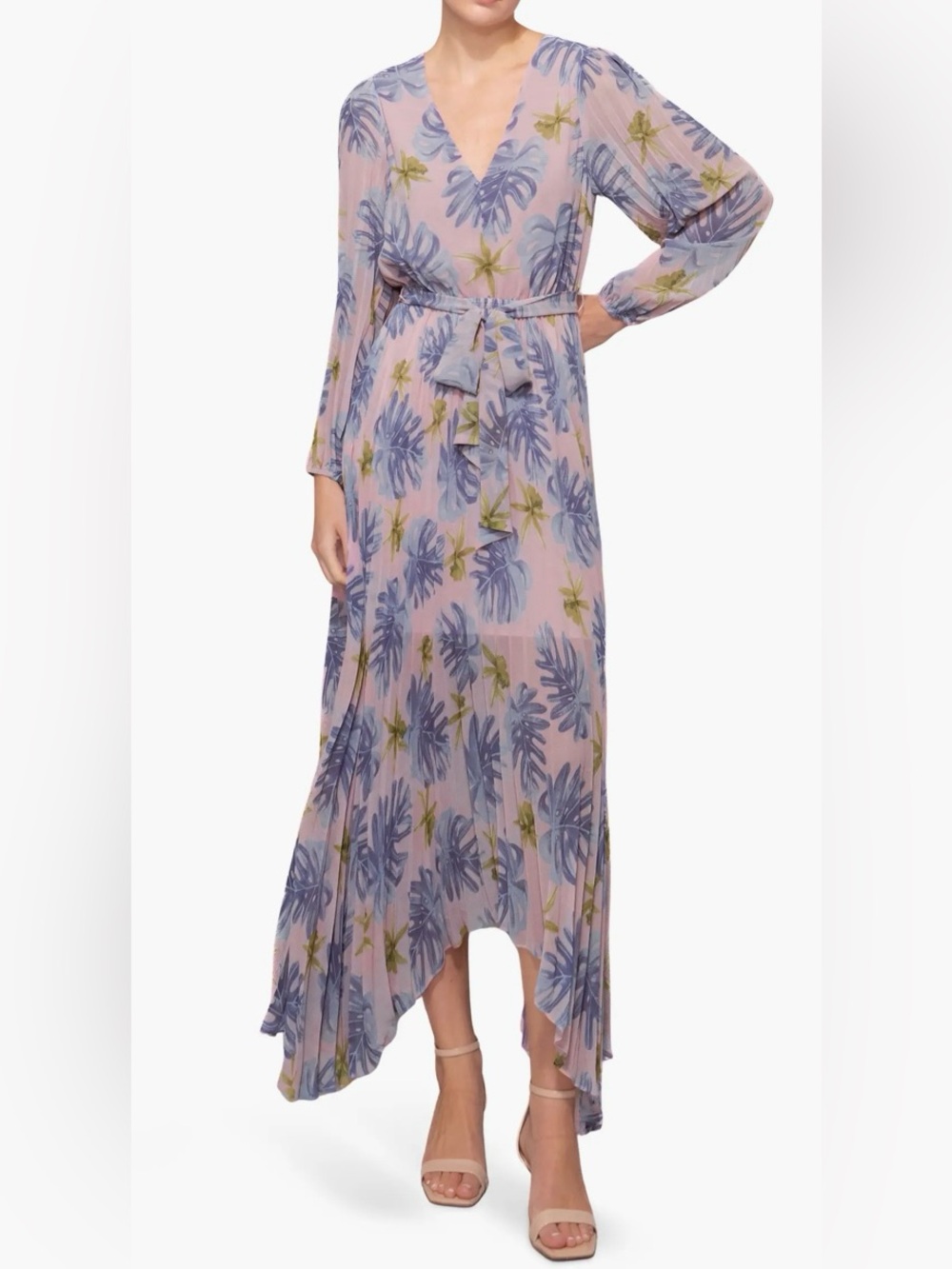 MELLODAY Tie Waist Long Sleeve Pleated Maxi Dress in Pink Lilac